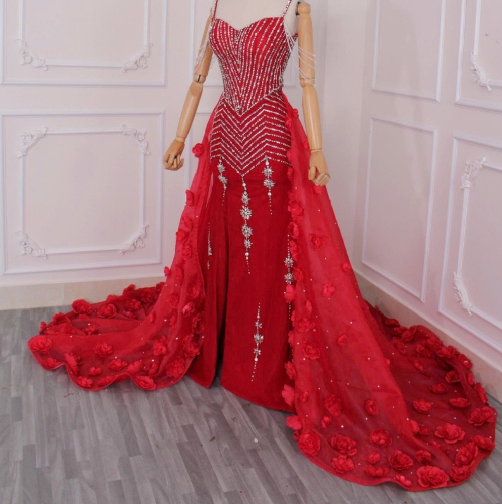 Red Beaded Dress Gown New. Overskirt. One Of A Kind Design. Pageant Prom.